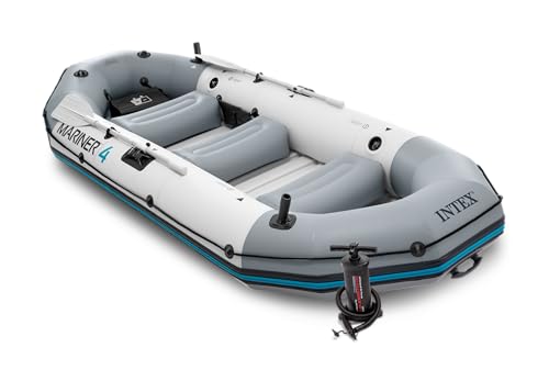 INTEX Mariner Inflatable Boat Series: Includes Deluxe Boat Oars and High-Output Pump – SuperTough PVC – Wear-Resistant Keel – Removable Fishing Rod Holders – Heavy Duty Grab Handle
