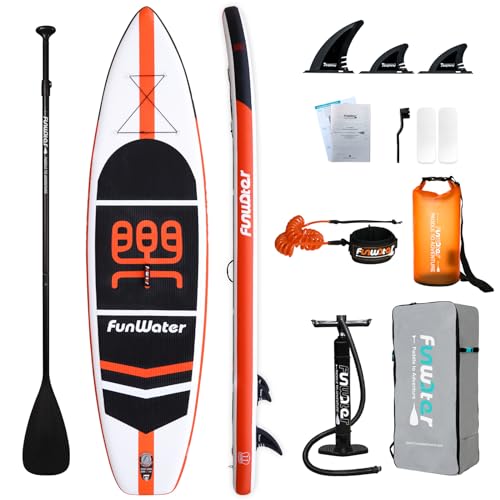 FunWater Stand Up Paddle Board 11'x33''x6'' Ultra-Light (20.4lbs) Inflatable Paddleboard with SUP Accessories,Three Fins,Adjustable Paddle, Pump,Backpack, Leash, Waterproof Phone Bag
