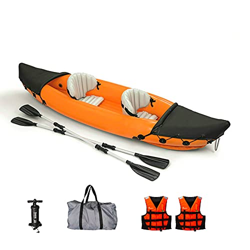 DIVTEK 2 Person Inflatable Kayak,Orange Boat Touring Kayaks Fishing Portable Water Sport Canoe with Aluminum Oars,Pump,Bag,2 Life Vests