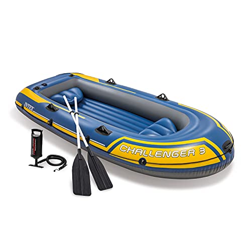 Intex 68370EP Challenger 3 Inflatable Boat Set: Includes Deluxe 48in Boat Oars and High-Output Pump – Triple Air Chambers – Welded Oar Locks – 3-Person – 660lb Weight Capacity