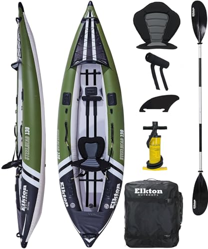 Elkton Outdoors Steelhead Inflatable Fishing Kayak - One-Person Angler Blow Up Kayak, includes Paddle, Seat, Hard Mounting Points, Bungee Storage, Rigid Dropstitch Floor and Spray Guard
