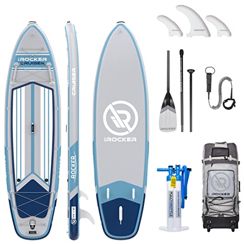 iROCKER Cruiser Inflatable Stand Up Paddle Board, Extremely Stable 10'6" Long 33" Wide 6" Thick Premium SUP with Roller Bag, Carbon Paddle, Pump, Leash, Fins & Repair Kit
